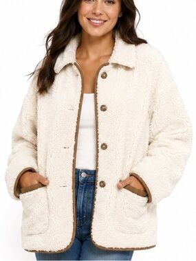 NWT J.Crew Sherpa Faux Fur Jacket Ivory Brown Trim XL